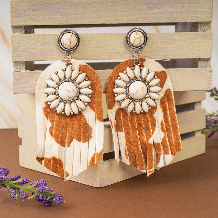 93050 - Squash Blossom Animal Hide Earrings - Brown & Ivory