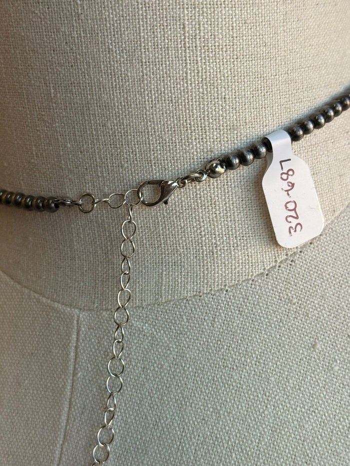 Lariat necklace clasp and extender with dangling chain and small round tag label