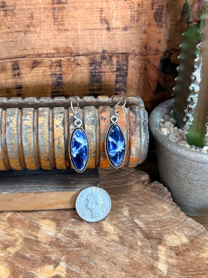 Blue oval sodalite fishhook earrings in silver-tone metal, beside small coin for scale.