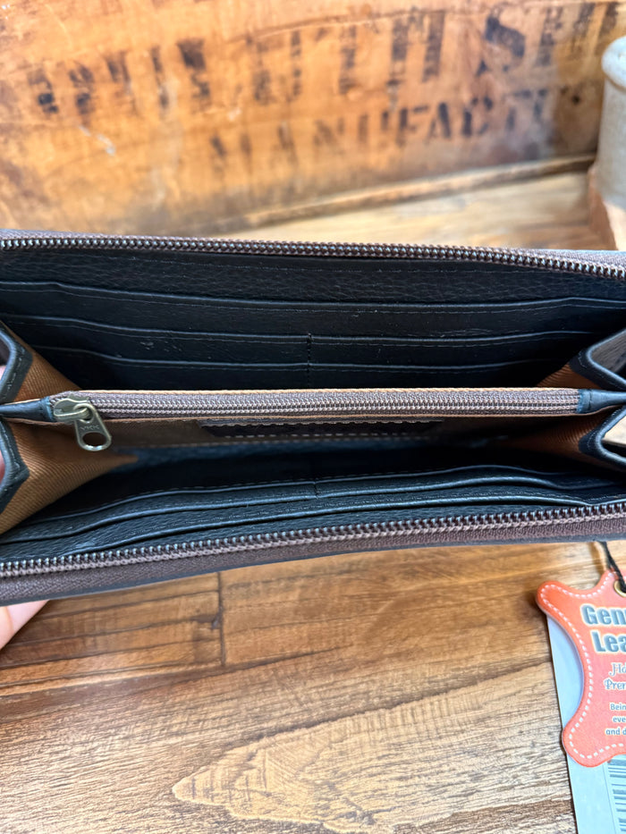 Opened zip-around leather wallet showing lined interior and zip pocket