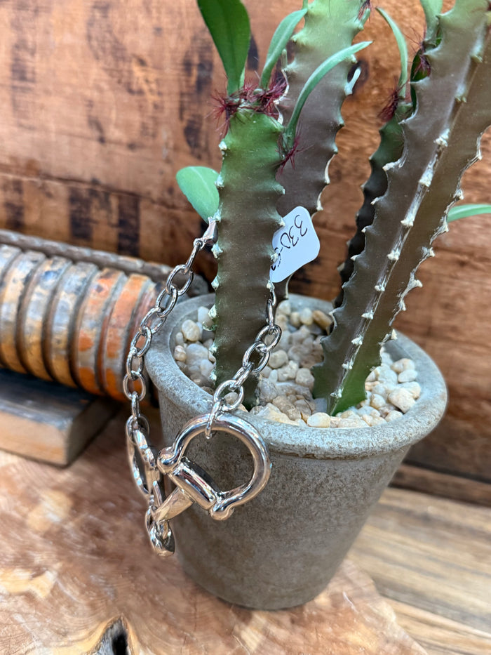 Silver snaffle bit bracelet close-up of linked curb chain and D-ring bit