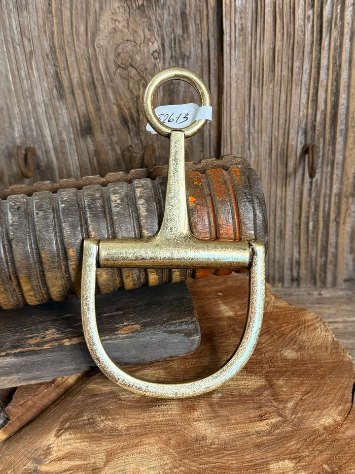 Gold-tone snaffle bit necklace pendant front view with circular ring loop
