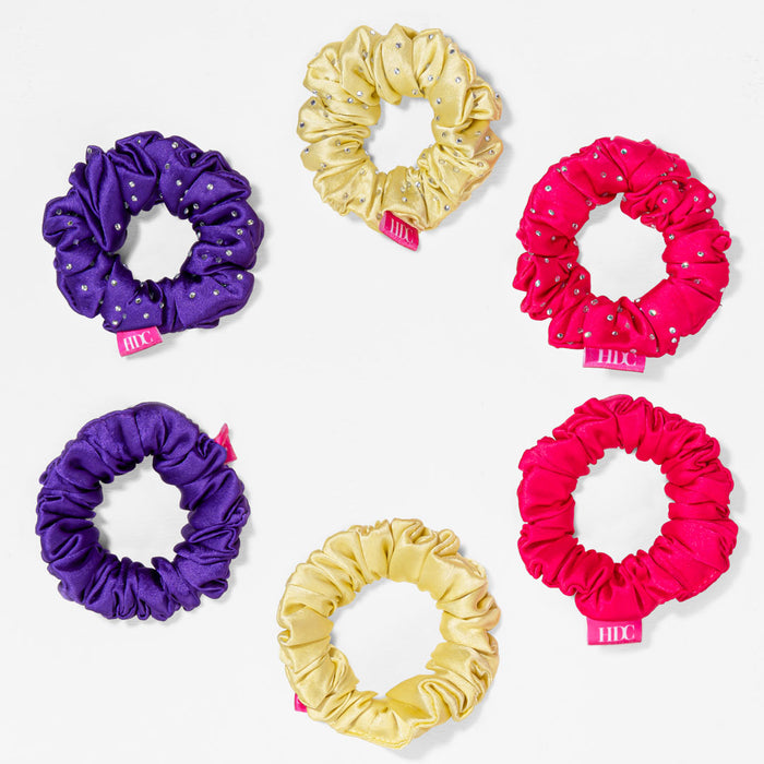 Set of 6 Barbie satin scrunchies in vibrant retro colours, gentle on hair and stylish too