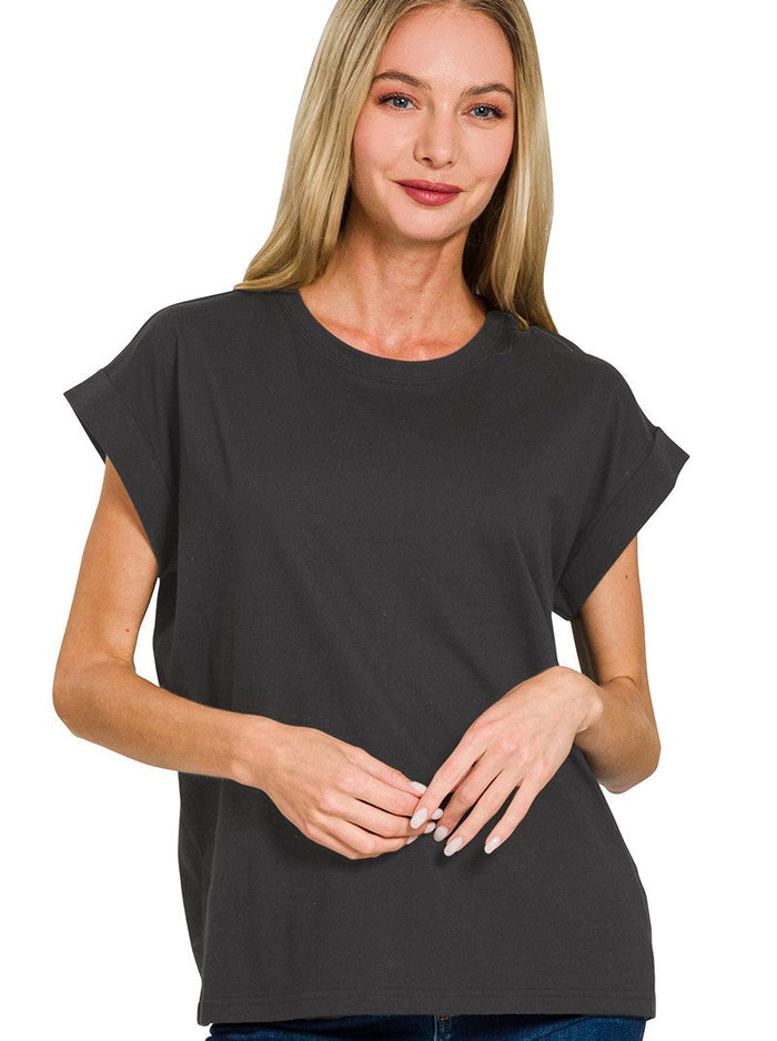 Crew neck cotton T-shirt in dark charcoal with short sleeves folded at cuffs