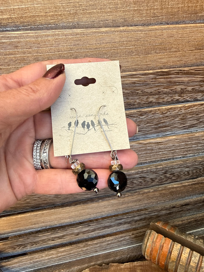 Black glass bead kidney wire earrings with dangling faceted beads on hooks
