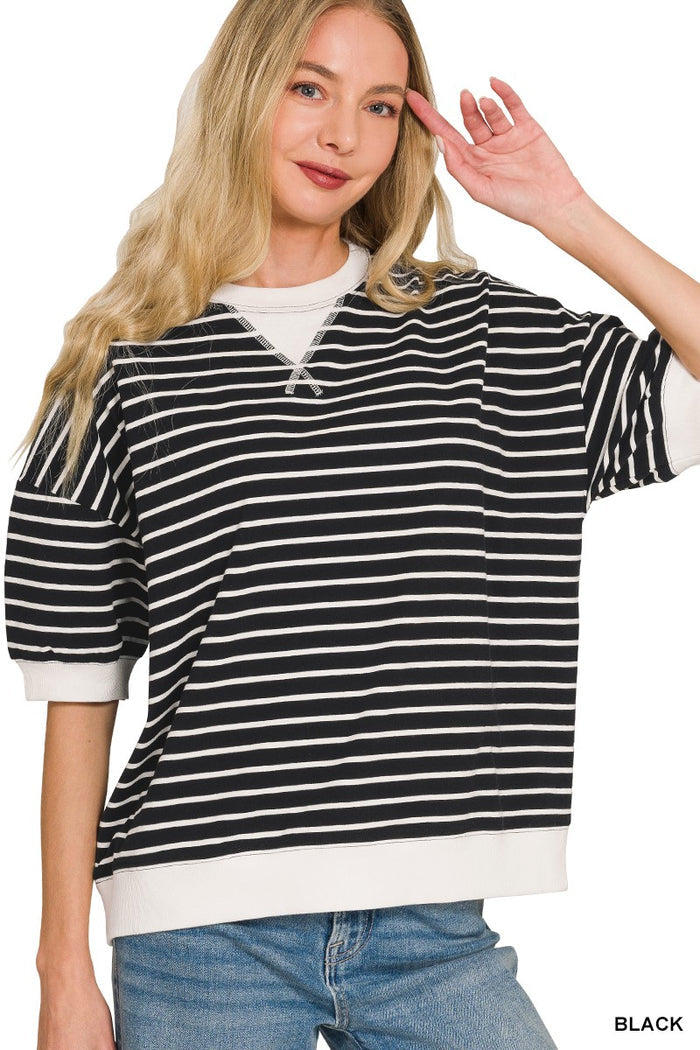 Black and white striped T-shirt with crew neck and short sleeves