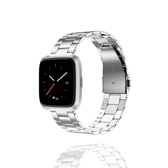 Silver Coconut Lane Fitbit strap on a square black display smartwatch against a white background.