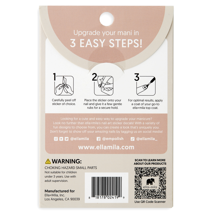Get in Line nail decals packaging, back with 3-step application instructions
