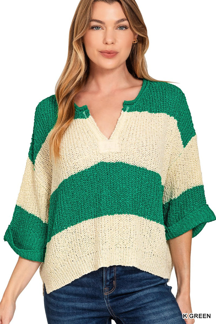 Striped split-neck knit sweater with green and cream bands, short sleeves