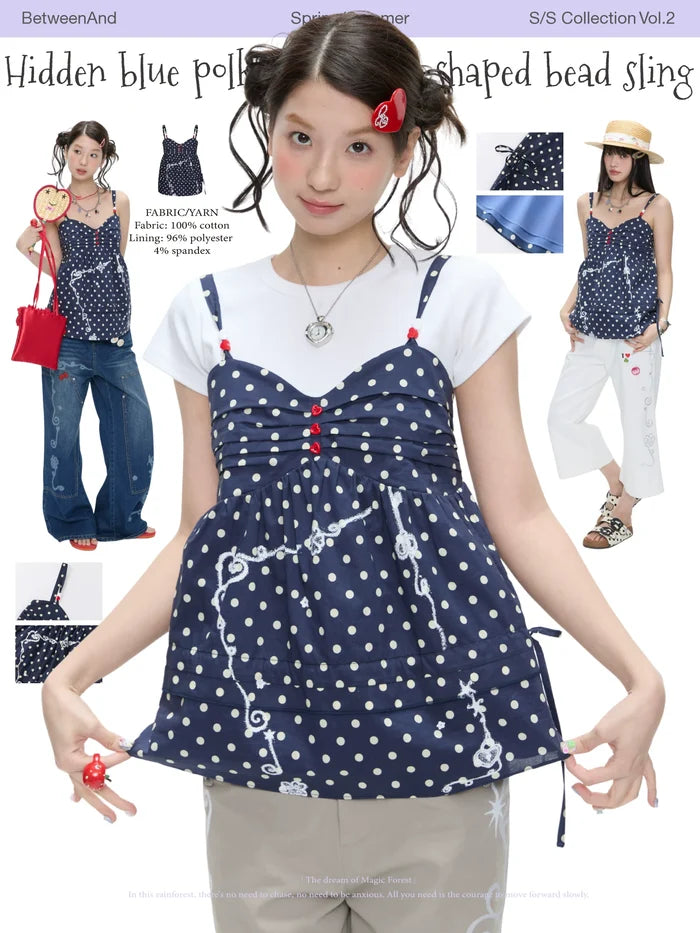 Hidden blue polka dot heart-shaped bead sling tank top