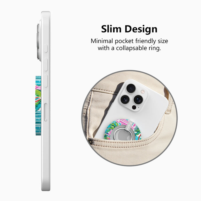 La Palma Villa tropical pattern MagSafe phone grip ring with pink and orange architecture and green palm leaves compatible with iPhone and Samsung
