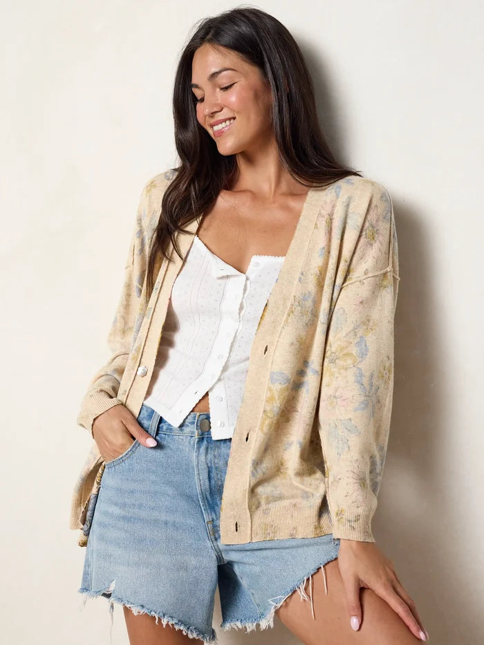 Live Happy Cotton Cardigan Sweater - Dahlia Flora Ivory-view 5