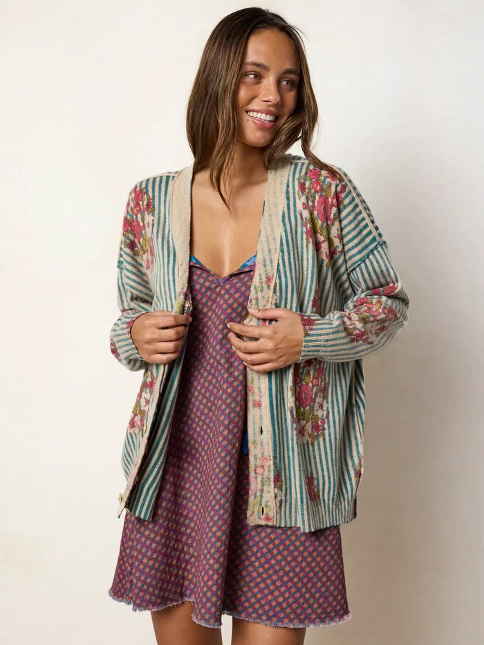 Live Happy Cotton Cardigan Sweater - Jaipur Stripe Washed Teal-view 5