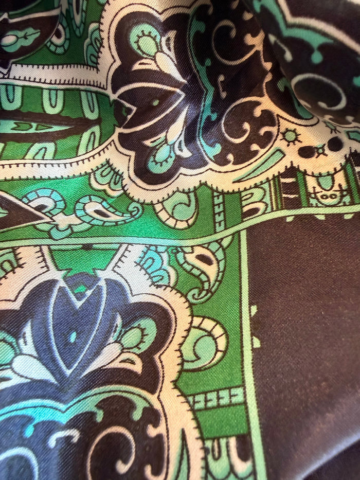 Navy and emerald wild rag scarf with paisley print border detail