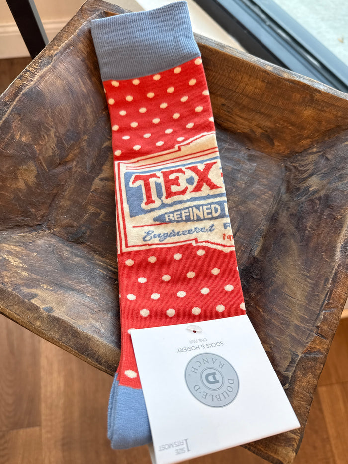 Tex Oyl cowboy socks, red with white dots and blue Tex graphic, ribbed blue cuff