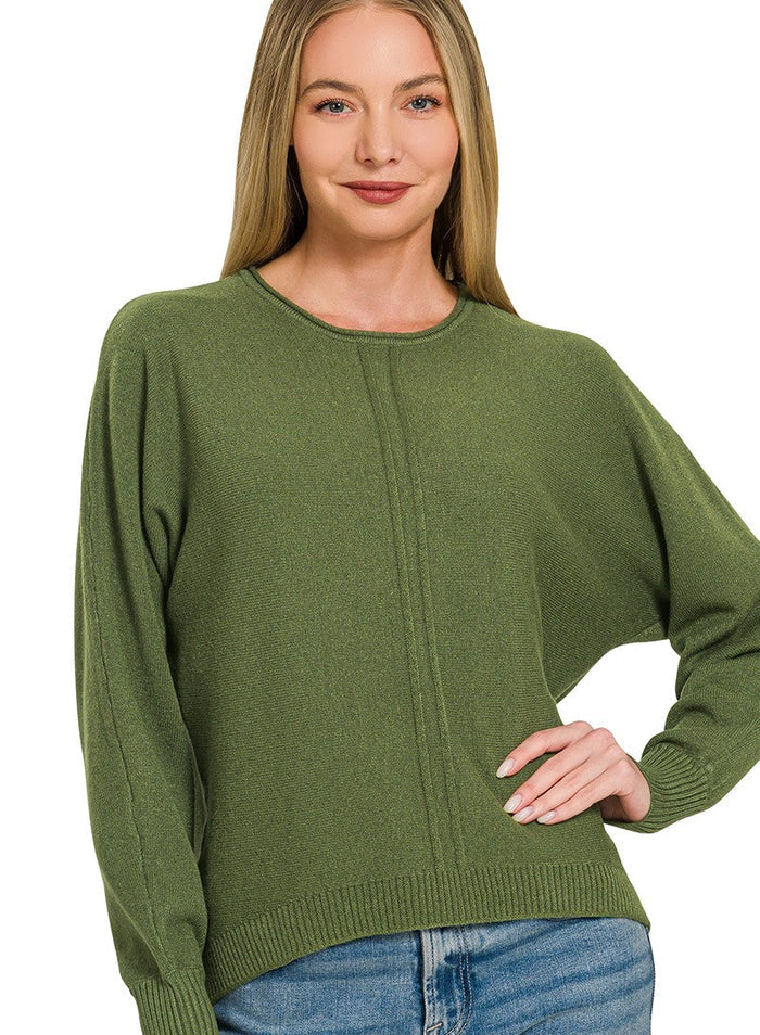 Olive green crew neck sweater with front stitched seam, ribbed cuffs and hem