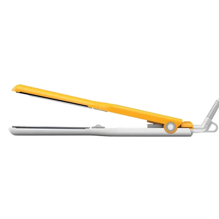 GK Hair One Control Titanium Flat Iron seen from the side, half open, yellow top and white base with a coiled white cord