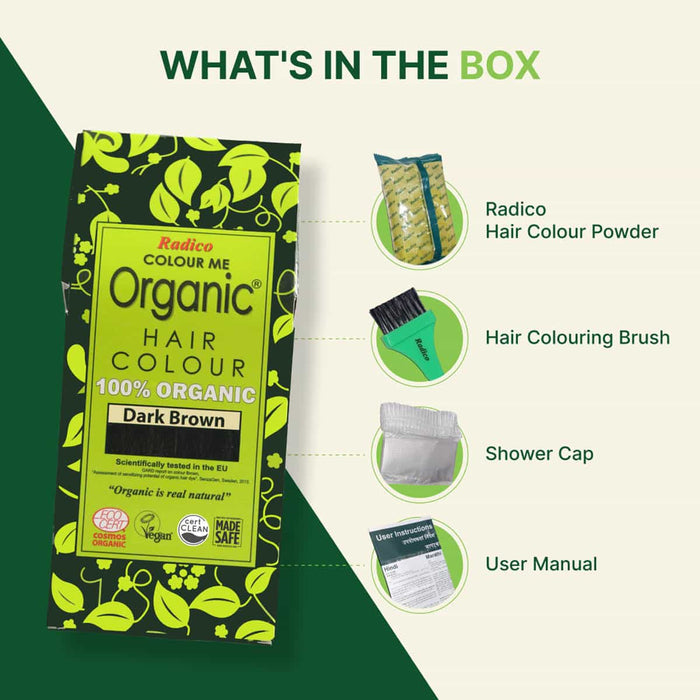 Radico Colour Me Organic Hair Colour packaging with product details on a green and white background.