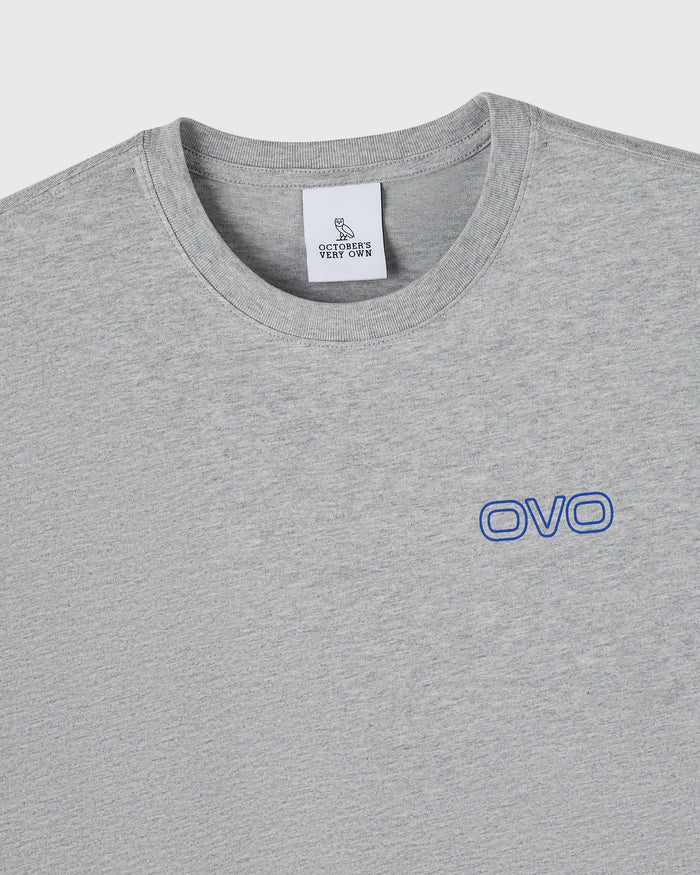 Heather grey crewneck t-shirt with blue OVO logo embroidered on chest and white brand label at neckline.