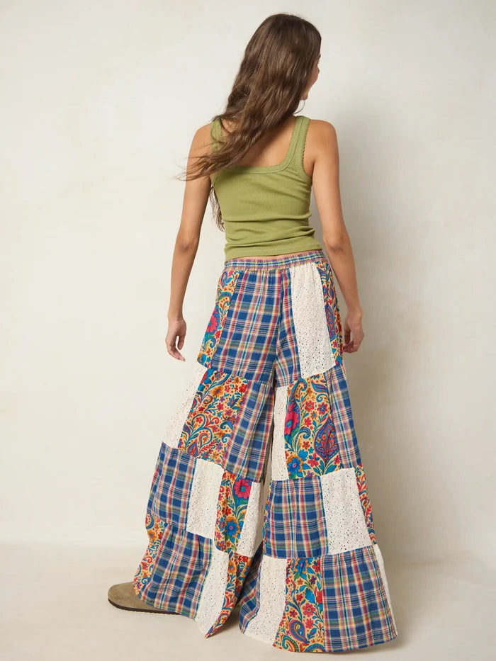 Patti Patchwork Palazzo Pants - Plaid Blue Fuchsia-view 4