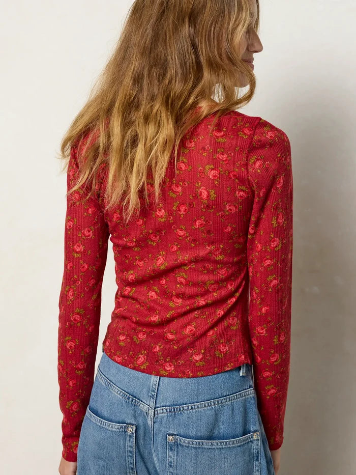 Pretty Pointelle Long Sleeve Top - Porto Ditsy Red-view 4
