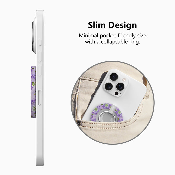 Purple Wildflower botanical pattern MagSafe phone grip ring with delicate purple pink and yellow flowers on white background compatible with iPhone and Samsung