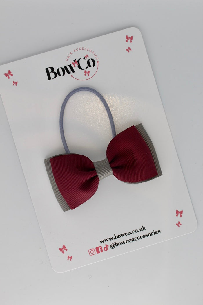 School Bow Burgundy and Metal Grey - Double Lapel Bow - Elastic