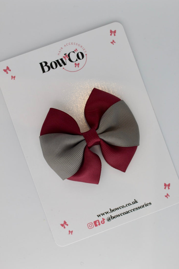 School Bow Burgundy and Metal Grey - Round Tuxedo Bow - Clip
