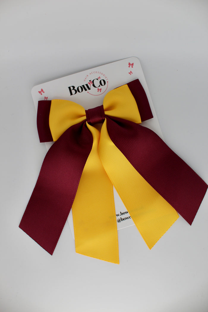 School Bow Burgundy and Yellow Gold - Double Layer Tail Bow - Clip