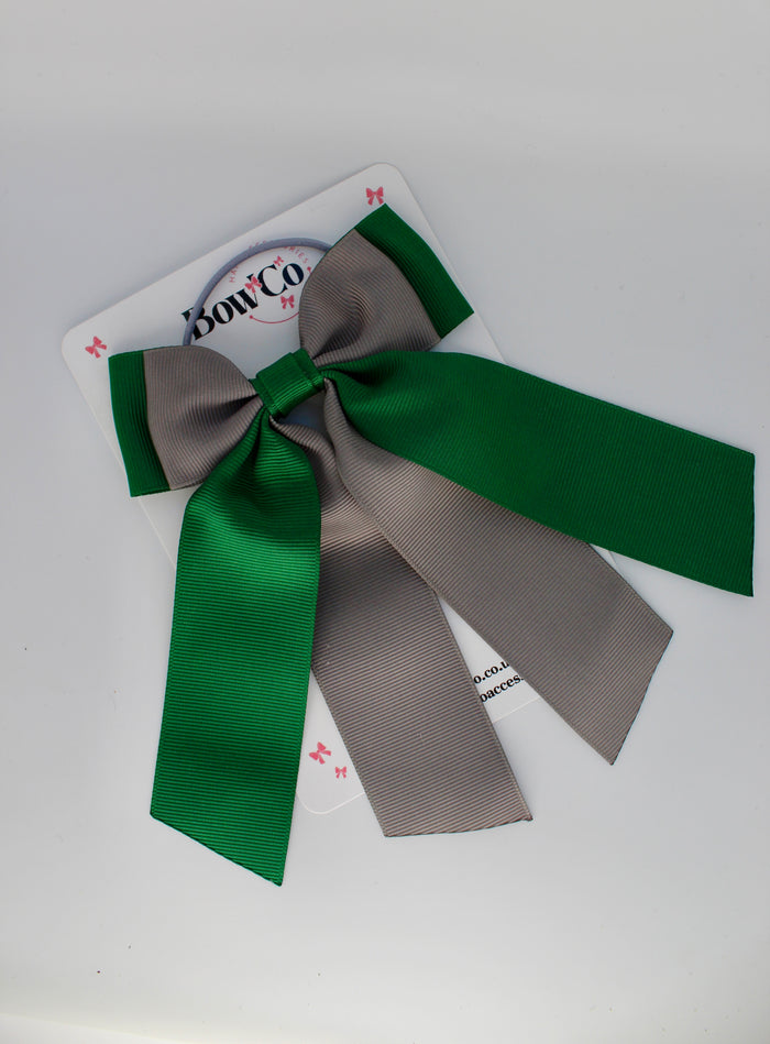 School Bow Forest Green and Grey - Double Layer Tail Bow – Elastic