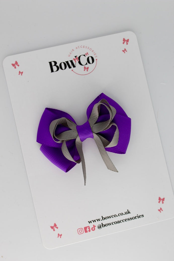 School Bow Purple and Grey - Double Bow - Clip