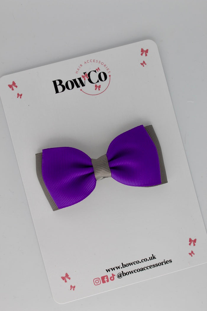 School Bow Purple and Metal Grey - Double Lapel Bow - Clip