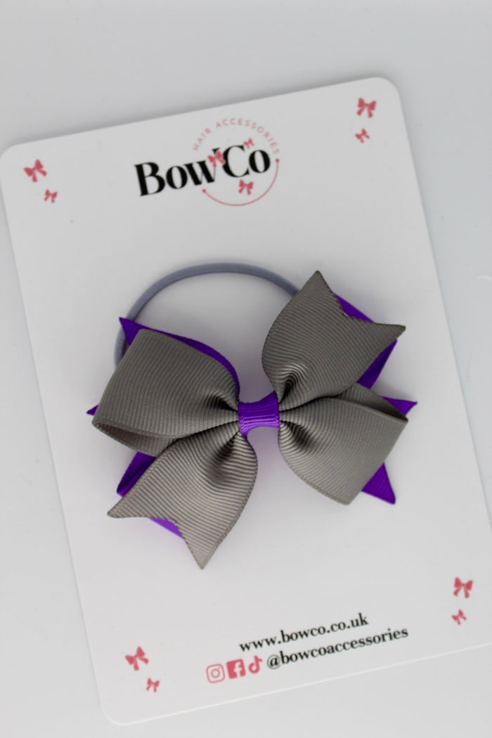 School Bow Purple and Metal Grey - Layer Tail Bow - Elastic