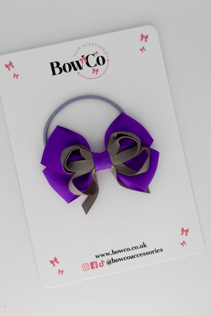 School Bow Purple and Metal Grey - Twist Bow - Elastic