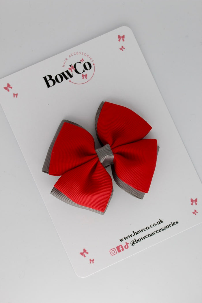 School Bow Red and Metal Grey - Double Layer Bow - Clip
