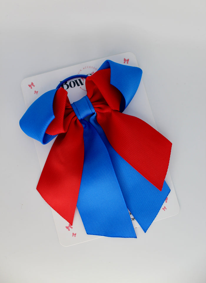 School Bow Royal Blue and Red - Loop Tail Bow - Elastic