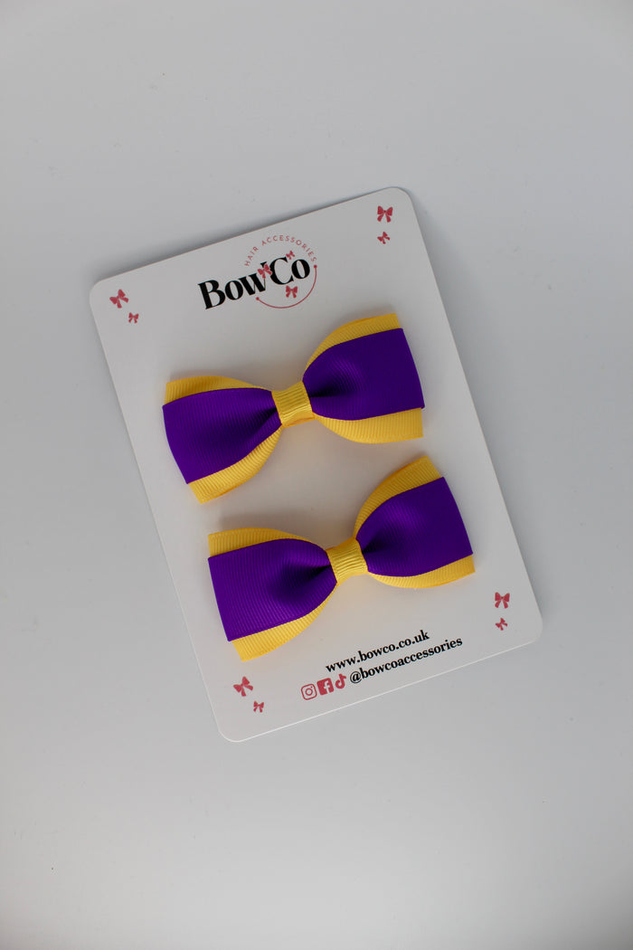 School Bows Purple and Yellow Gold - Tuxedo Bow Set - Clip