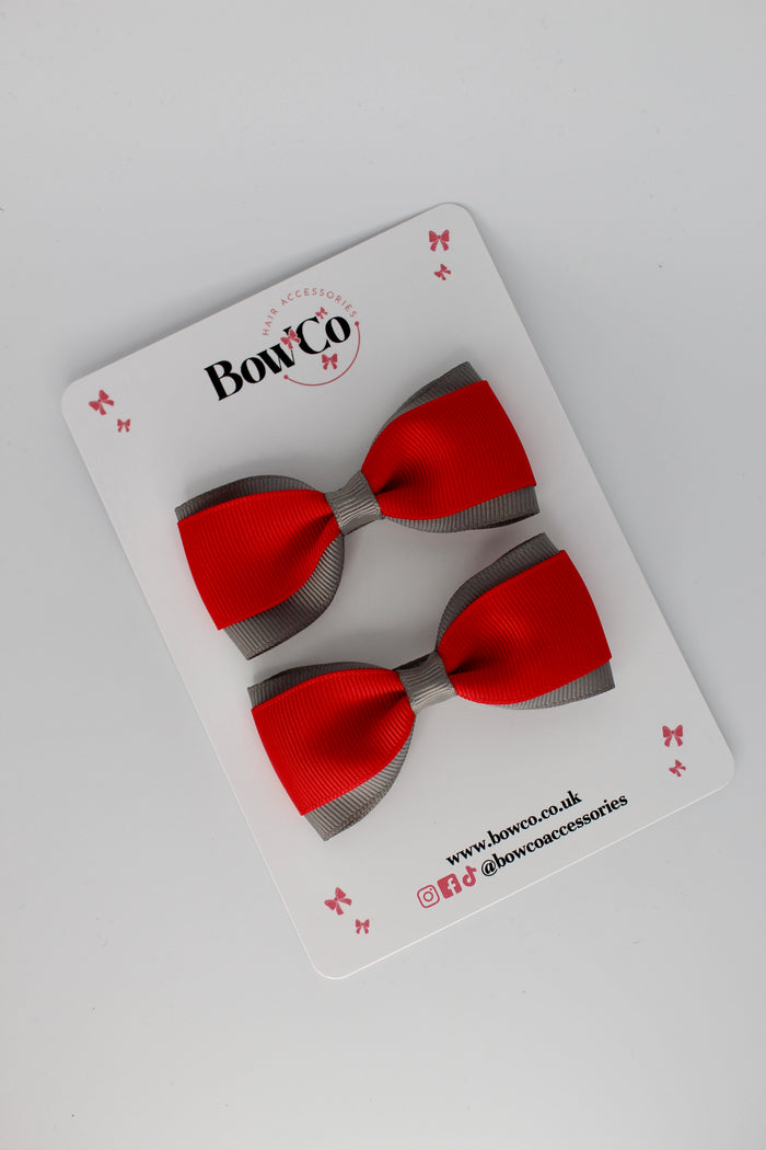 School Bows Red and Metal Grey - Tuxedo Bow Set - Clip