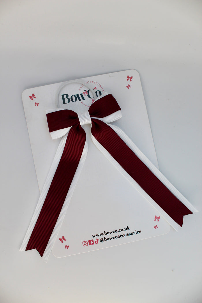 School Burgundy and White Bow - Tuxedo Tails Bow - Elastic