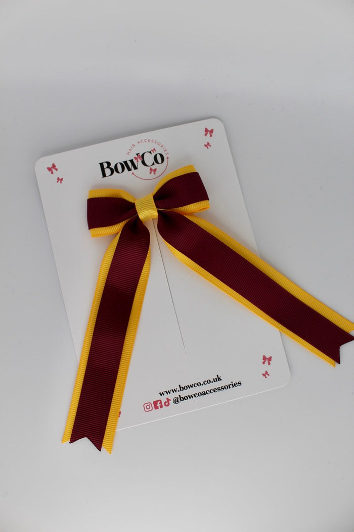 School Burgundy and Yellow Gold Tuxedo Tails Bow – Clip