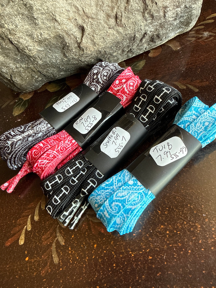 Paisley shoelace set: red, black with white loops, and turquoise blue