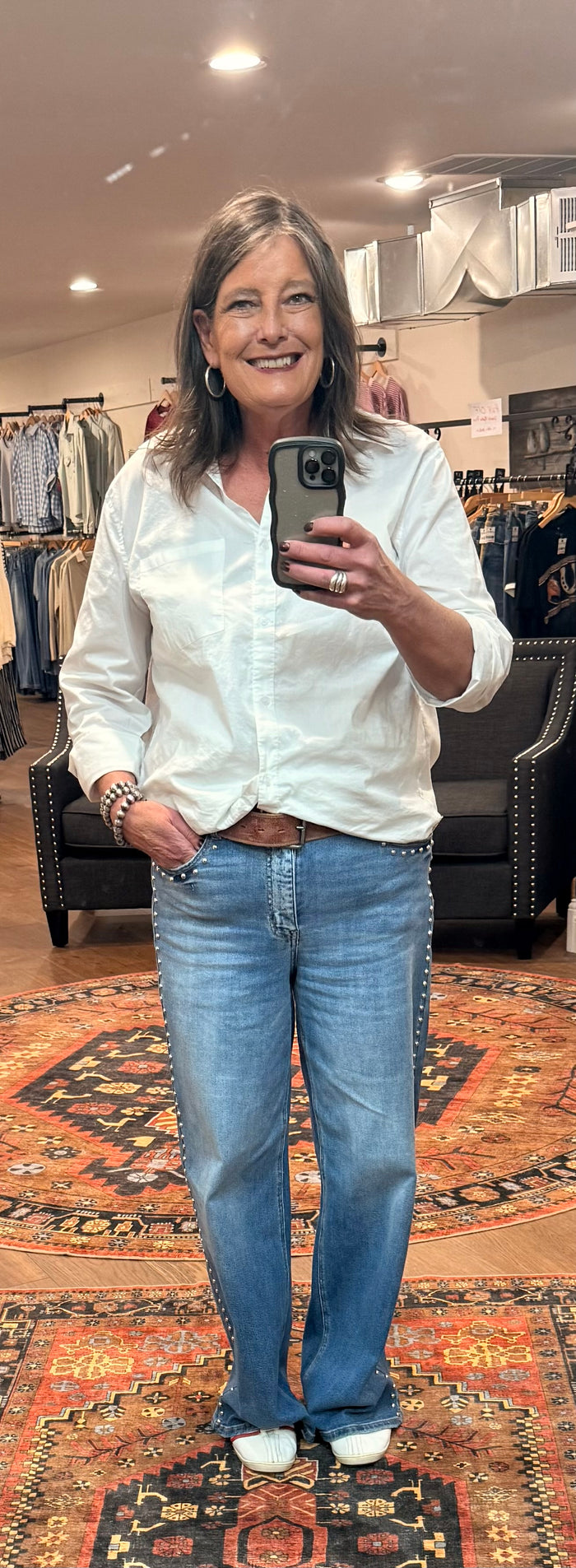 Light blue studded wide-leg denim jeans, high-rise, side-stud detailing