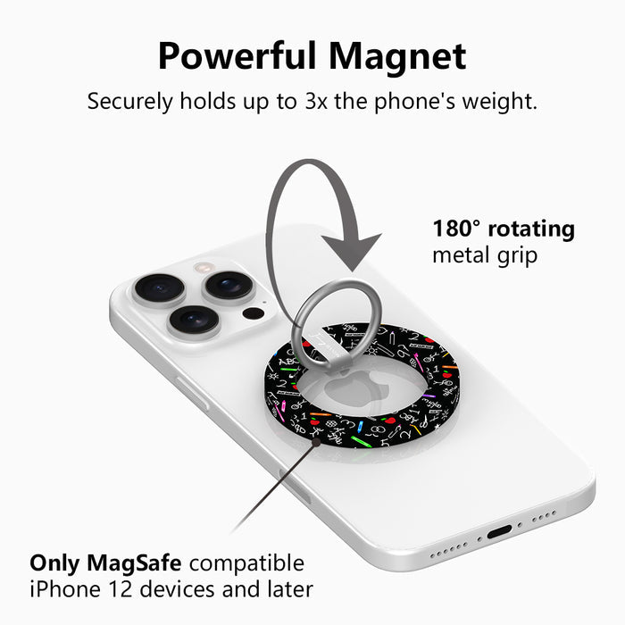 Teach Love Inspire school chalkboard pattern MagSafe phone grip ring with apples rulers and pencils compatible with iPhone and Samsung
