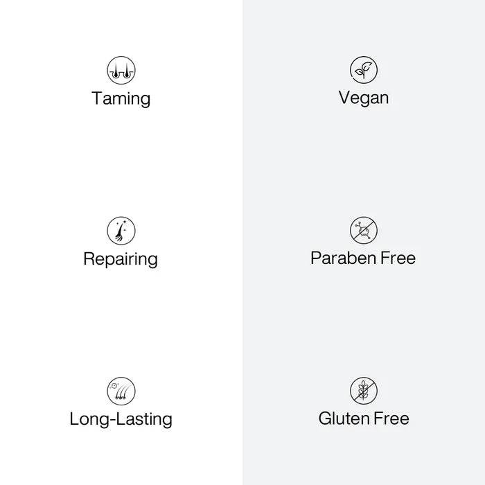 The Best Coco Keratin Hair Kit Sample icons: Taming, Repairing, Long-Lasting, Vegan, Paraben Free and Gluten Free