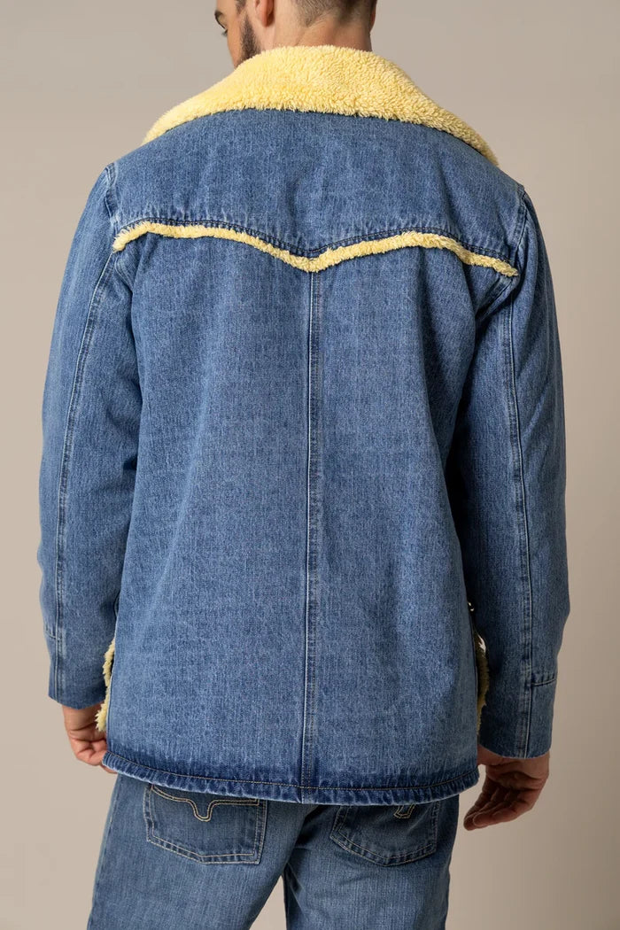 Sherpa-lined blue denim jacket back, yellow fleece collar and contrast seam stitching