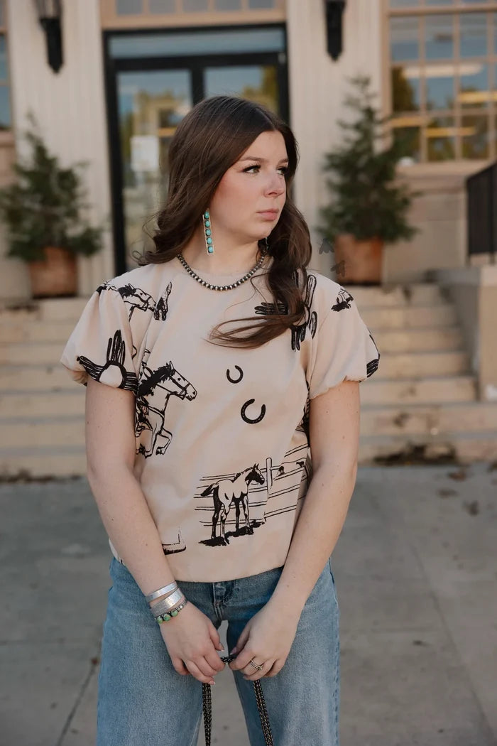 Cotton puff-sleeve graphic T-shirt with black illustration on light background