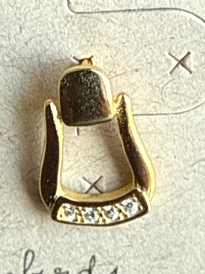 Gold western stirrup earring with textured frame and clear stone row