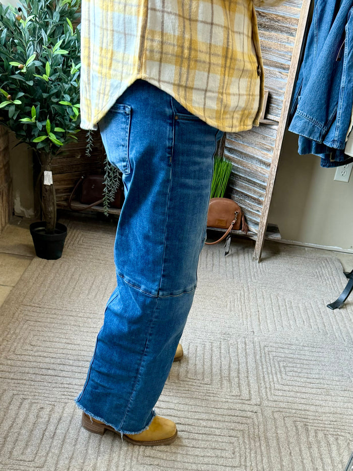 Yellow plaid shacket hem with front placket detail