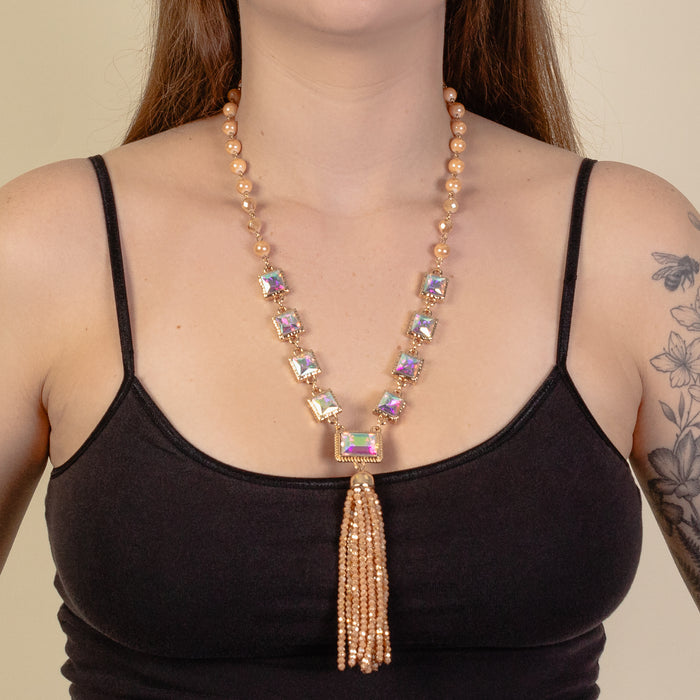 1208 - Crystal Tassel Necklace - Champagne