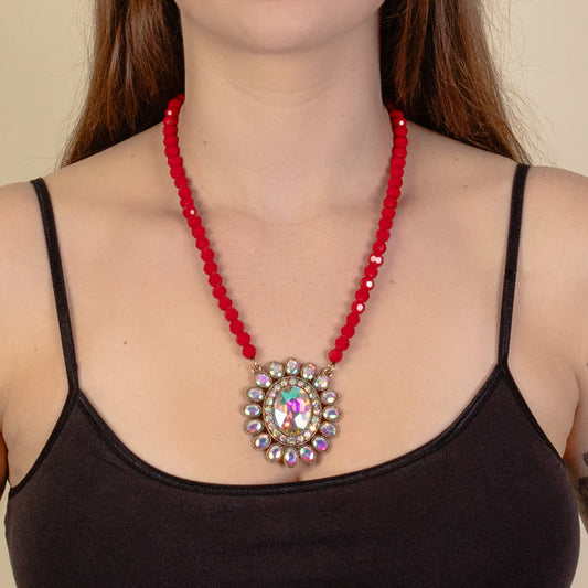 1210 - Crystal Pendant Necklace - Red